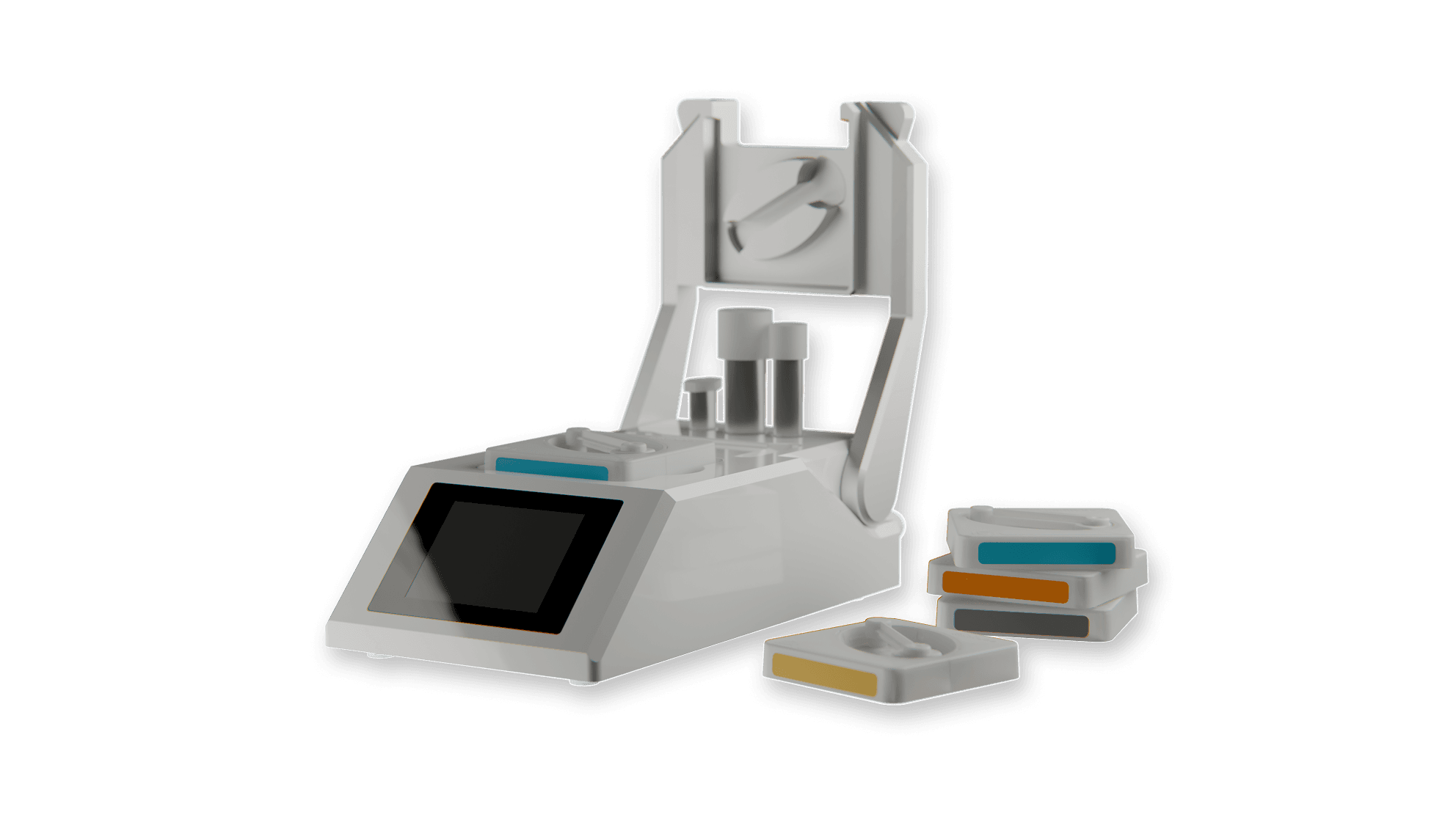 Product rendering of the white AndroStation laboratory device with a touchscreen display, featuring the sFlow sperm preparation cartridges with color-coded labels.