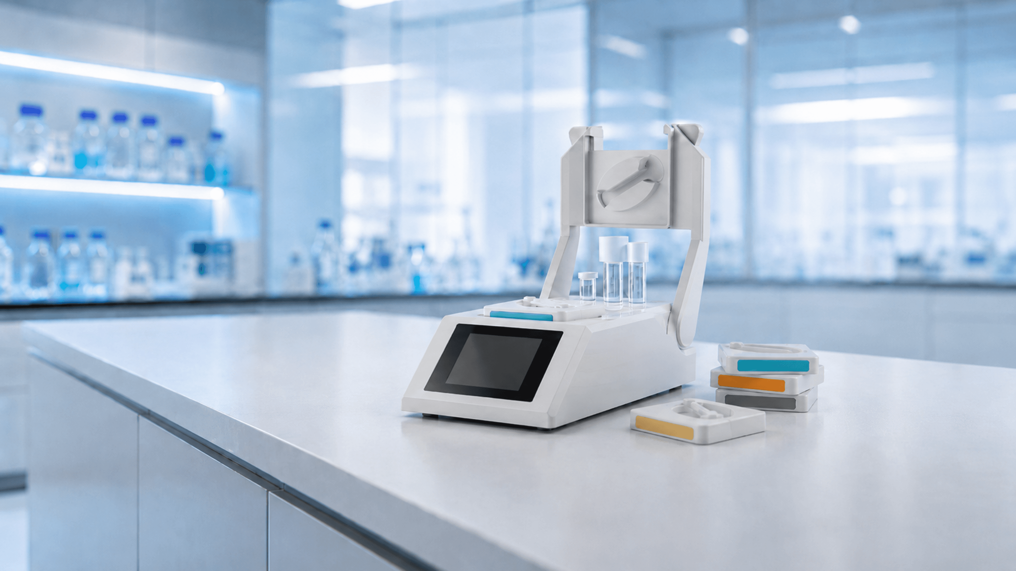 The Minitube AndroStation workstation and sFlow cartridges positioned on a clean white countertop in a modern, brightly lit laboratory setting.