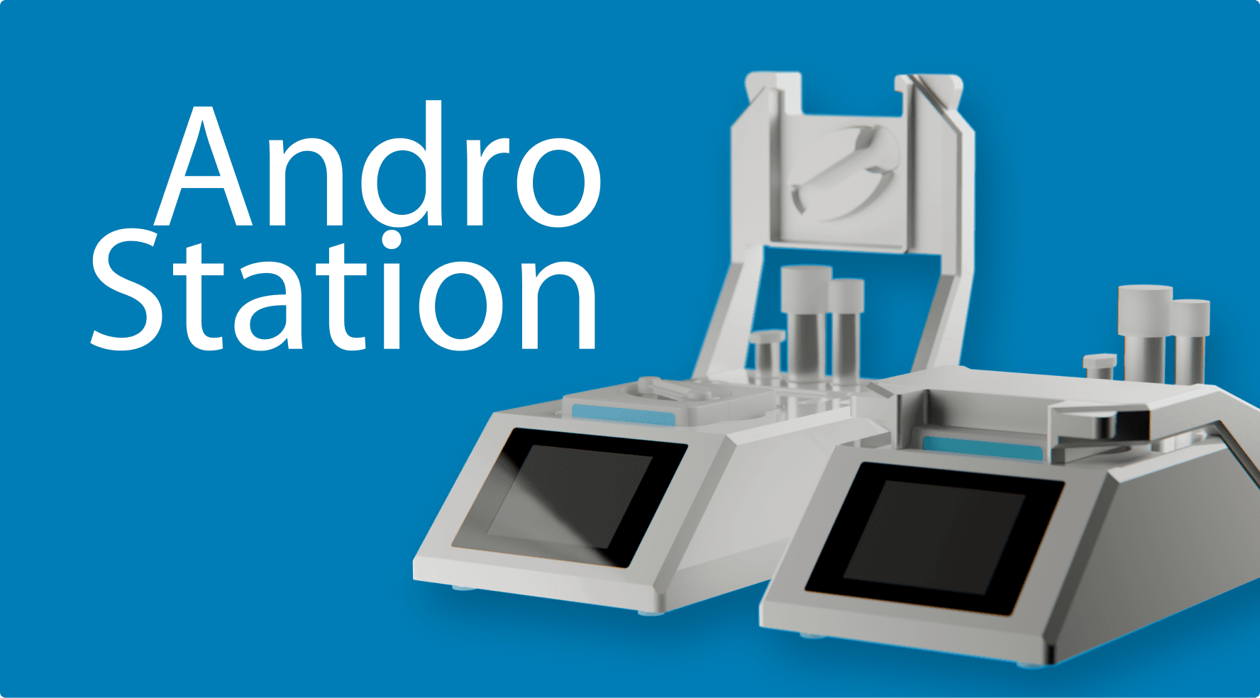 Product graphic featuring two white Minitube AndroStation laboratory devices—one with an open mechanism and one closed—against a vibrant blue background with the white text 'AndroStation'.