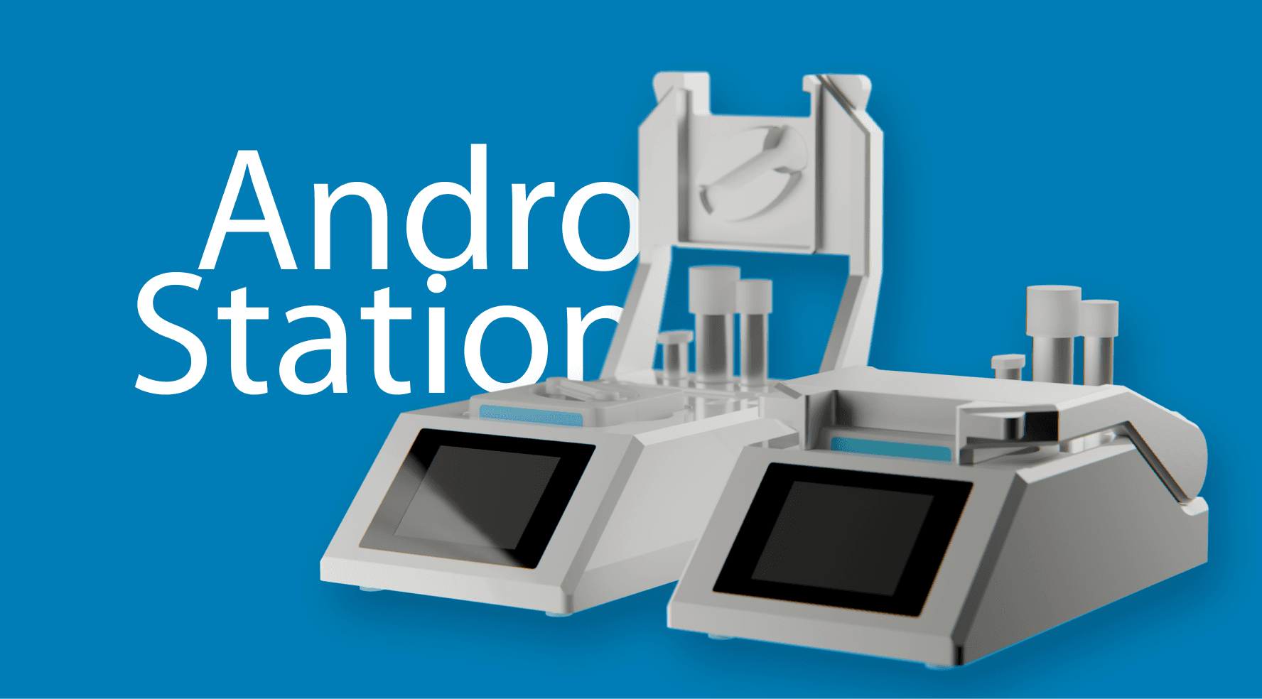 Product graphic featuring two white Minitube AndroStation laboratory devices—one with an open mechanism and one closed—against a vibrant blue background with the white text 'AndroStation'.