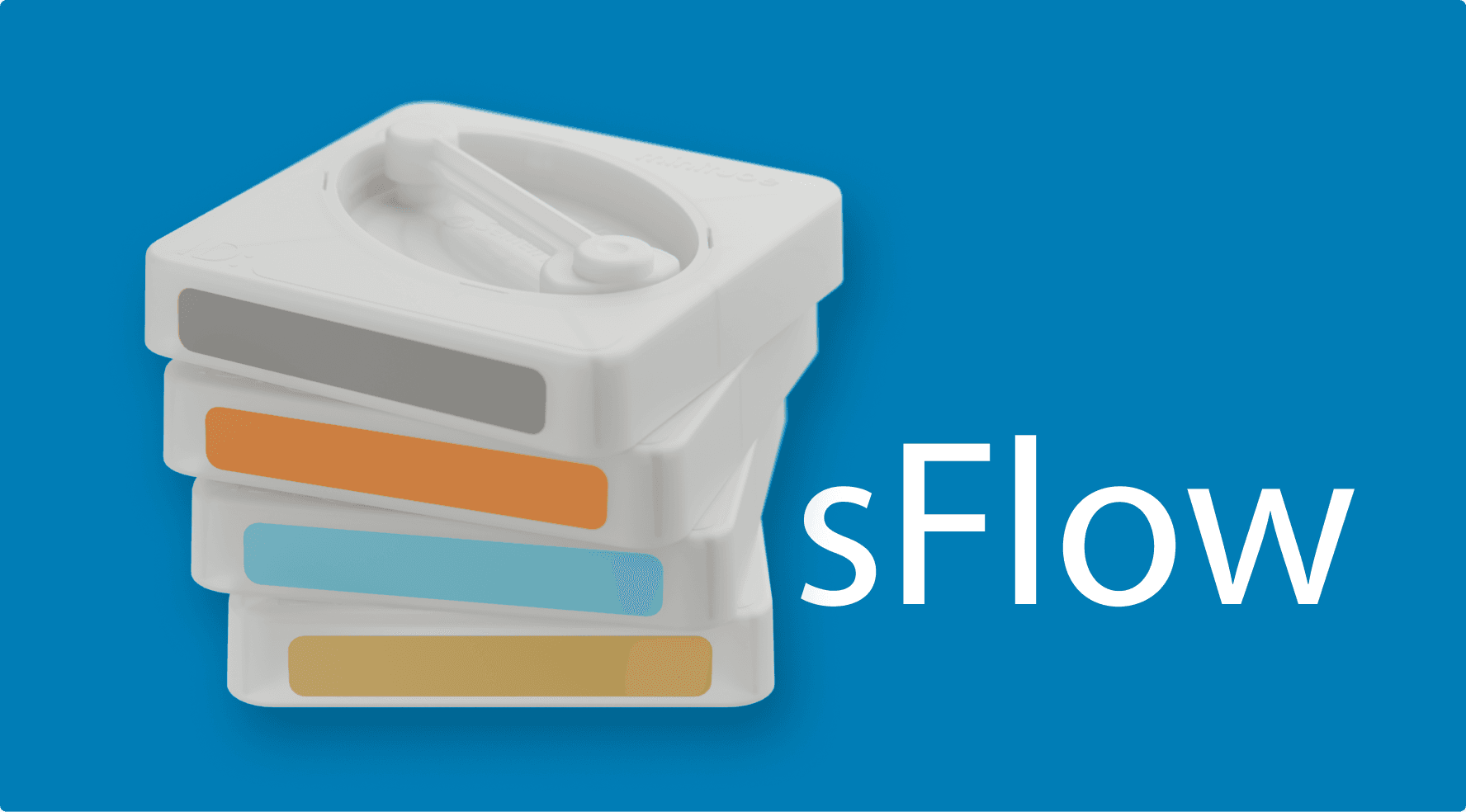 Promotional graphic featuring a stack of four white sFlow cartridges with grey, orange, teal, and gold color-coded labels on a vibrant blue background with the white text 'sFlow'.