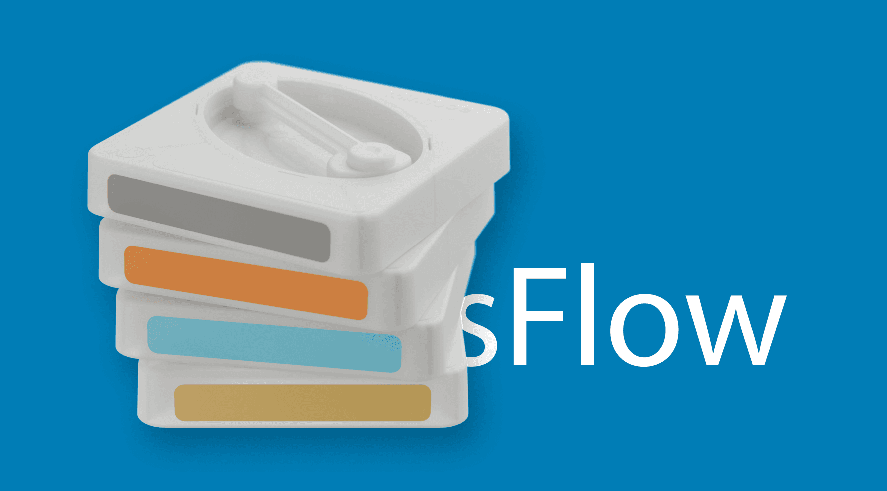 Promotional graphic featuring a stack of four white sFlow cartridges with grey, orange, teal, and gold color-coded labels on a vibrant blue background with the white text 'sFlow'.